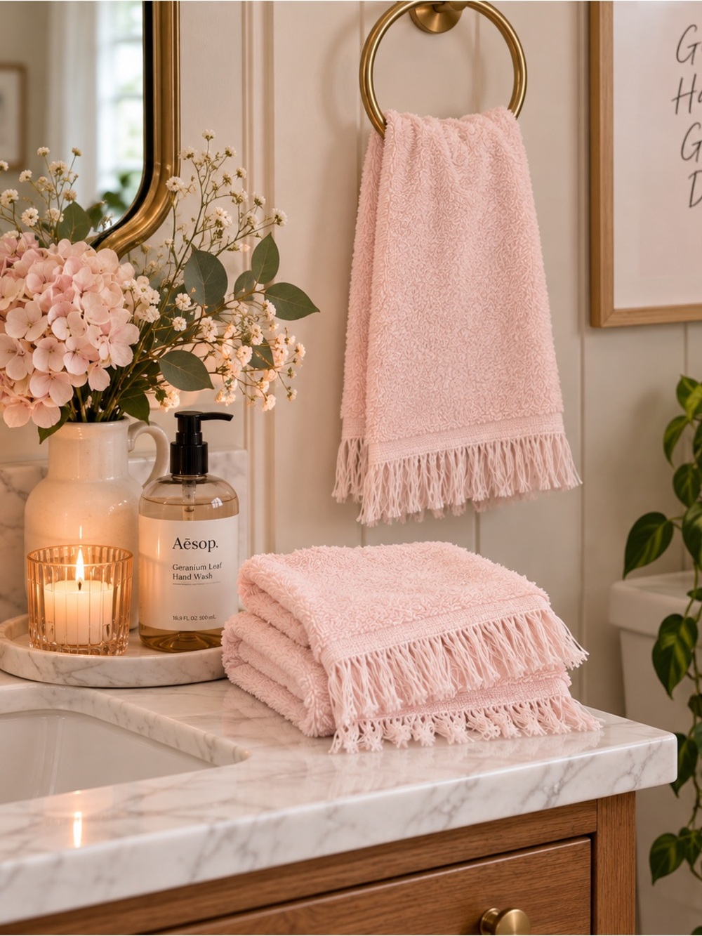 Vintage NWOT 3 Caldwell Baby Pink Fingertip Towel with Fringe vintage 11x16